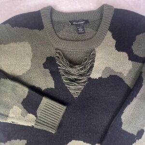 Ashley Stewart Sweater Tunic Womens 14/16 Green Camo Fringe Hem Longline Knit